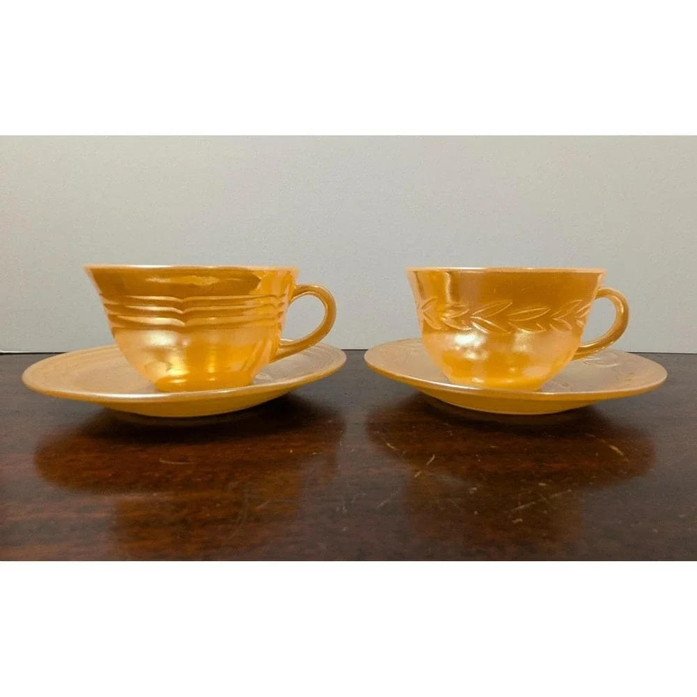 Fire King Peach Lustreware Cup Saucer Set Anchor Hocking Vintage Glass 4pc